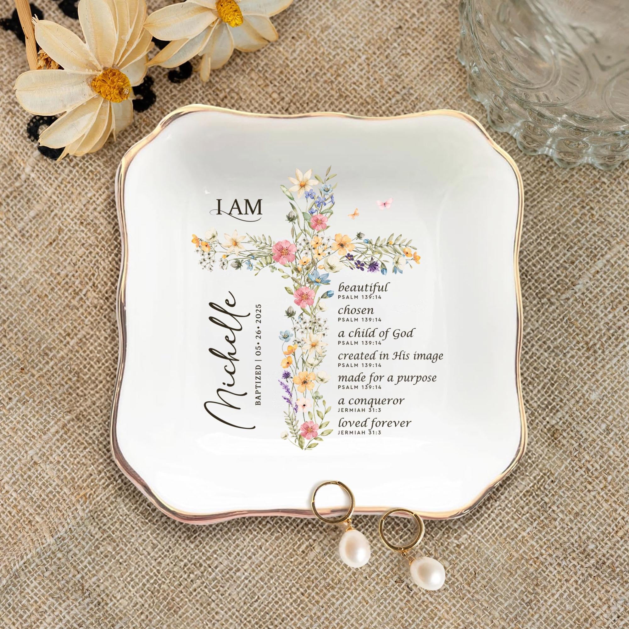 Personalized Christian Jewelry Dish, Baptism Gift Ring Dish, Bible Verse Tray With Floral Cross, Confirmation Gift, Religious Faith Home Decor JDLAF08